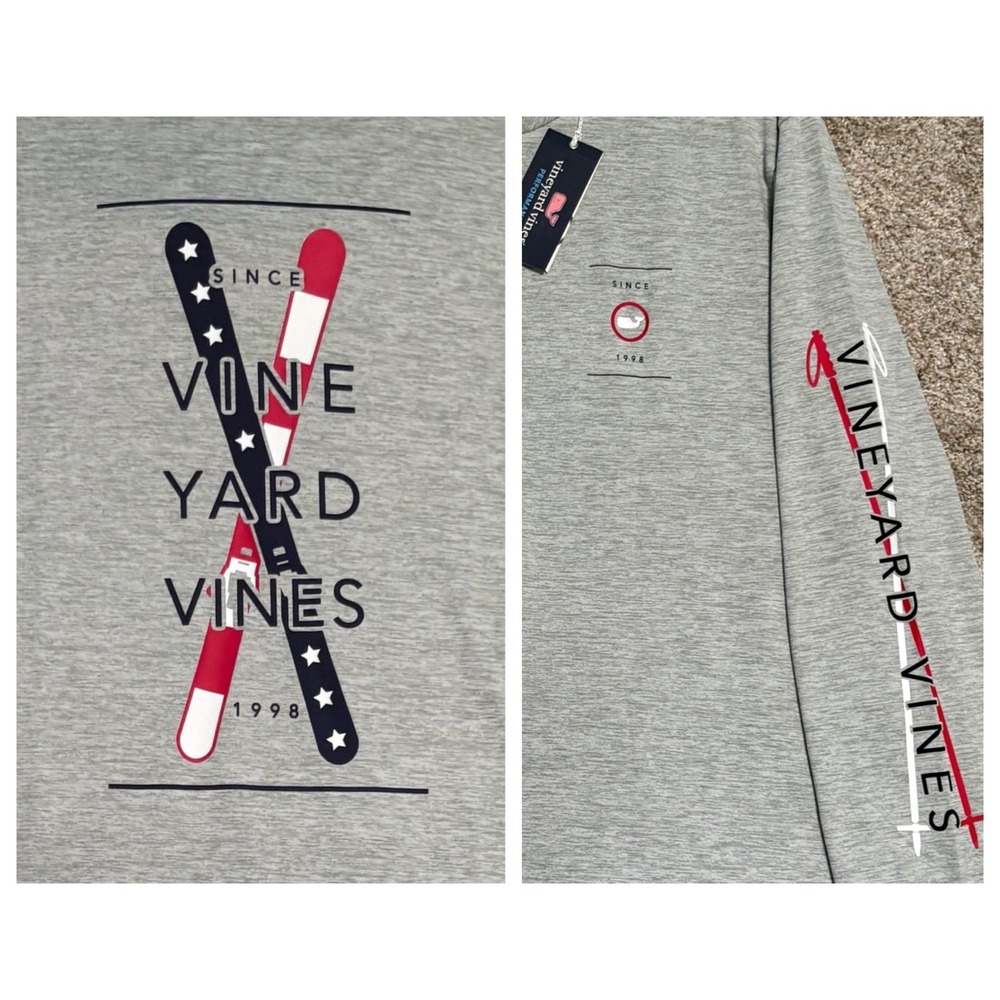 Vineyard Vines Performance Graphic Tee Mens NWT L Grey Crossed Skis Long Sleeve